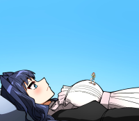 giantess black_hair blue_eyes purple_eyes lying_down shorts maid_uniform body_exploration shirt orange_hair looking_at_tiny on_breasts hiking ddolbang takanashi_kiara ouro_kronii