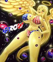 bikini drawing growth giantess blushing wings angel blonde space color long_hair cleavage huge_breasts goddess yellow_eyes smiling legs belly universe thighs halo stars tera hand_on_hips thedaibijin flag_bra hand_behind_head yellow_skin bare_midriff 4th_of_july multiverse omni