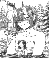 giantess oni onsen breasts nude blushing horns comic monochrome long_hair bath water smiling small_breasts short_hair sunglasses cup closed_eyes looking_at_viewer bangs sake greyscale shabazik 1girl collarbone partially_submerged oni_horns skin-covered_horns sakazuki tokkuri