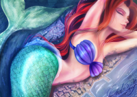 cleavage water buildings lying_down smoke thighs closed_eyes the_little_mermaid seashell_bra bare_midriff breasts drawing giantess giga city mega color long_hair destruction ocean mermaid red_hair disney ariel ondieony