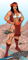 black_hair large_breasts long_hair cleavage bra brown_eyes boots muscles abs mountains costume headband bracelet native_american scarf loincloth bare_legs vest bare_midriff breasts drawing giantess mega color bridge helicopter train river native johnnyharadrim dc_comics apache_chieftess apache_chief