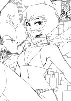breasts monochrome cleavage smiling small_breasts short_hair looking_at_viewer bare_shoulders scarf guireyart10 solo greyscale 1girl giantess jucika