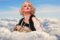 giantess wrestling toni_storm blonde blue_eyes lips dress day cloud lipstick outdoors sky red_lips jewelry red_lipstick looking_away makeup cmwaters solo 1girl upper_body fur_trim
