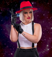 earth space planet lips gloves weapon pants lipstick night sky hat shirt belt suspenders sleeveless white_shirt makeup telescope mole starry_sky shooting_star cmwaters night_sky solo 1girl star_(sky) star_(symbol) space_craft starry_background constellation starry_sky_print giantess wrestling toni_storm