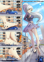 rwby breasts giantess white_hair city long_hair blue_eyes barefoot buildings green_eyes ponytail dress day english sky jewelry earrings looking_at_viewer purple_dress scar weiss_schnee long_sleeves elligrande 1girl ground_vehicle scar_across_eye