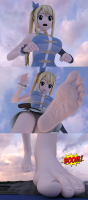 giantess crush feet blonde long_hair toes barefoot soles brown_eyes dress short_hair sitting open_mouth dirty_soles lucy_heartfilia pandatomi77 1girl pov_feet