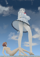 rwby breasts nipples giantess nude panties feet butt blue_eyes barefoot brunette underwear dress short_hair legs day cloud standing outdoors sky white_panties white_dress from_below looking_at_viewer giganticvi multiple_girls medium_breasts 2girls