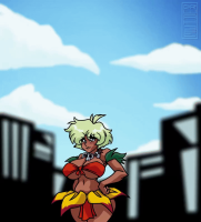 bikini breasts growth giantess panties blushing city color blue_eyes cleavage bra skirt buildings huge_breasts green_hair belly day animation jiggle dark_skin clouds thighs outdoors sunny voluptuous jungle_de_ikou hand_on_hips thick_thighs loincloth mii_(jungle_de_ikou) bare_midriff dr_wahee