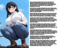 giantess giga size_difference black_hair large_breasts looking_down mountains sky earrings denim white_shirt thick_thighs white_gloves collared_shirt pickaxe ai_art brown_footwear button_gap yuegts ruri_rocks nagi_arato light_purple_eyes blue_pants brown_belt