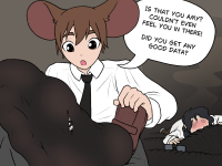 feet blushing giant male clothed glasses brunette brown_eyes socks tie close_up open_mouth shirt mouse_boy odor dialogue stuck_to_foot looking_at_tiny speech_bubble tiny_female sheograth10 amy_kobayashi thesigmaarts shining_mousie