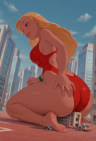 breasts city blonde long_hair butt swimsuit blue_eyes beach toes barefoot buildings unknown_artist kneeling watch thighs disney source_needed sitting_on_building lifeguard thick_thighs hand_on_butt ai_art lilo_and_stitch giantess