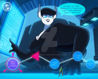 black_hair spaceship point_of_view computer crowds white_skin pointed_ears hologram short_hair breasts drawing giantess alien color blue_eyes sitting shrunken_man chair dialogue looking_at_tiny empress spunkbug