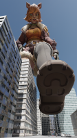 breasts giantess tail city mega buildings green_eyes brunette gloves short_hair boots foot_crush costume top hands_on_hips orange_hair imminent_crush thick_thighs digital_render bare_legs spider-man marvel_comics squirrel_ears looking_at_tinies black_panther peter_parker squirrel_girl_(marvel) asilentdemon rocket_raccoon marvel_rivals
