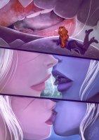 giantess mouthplay elf lesbians shrunken_woman elves shadowheart minthara baldurs_gate baldurs_gate_three drawing white_hair comic color long_hair tongue butt teeth saliva gloves boots kissing blue_skin orange_hair purple_skin on_tongue scar pointed_ears ondieony
