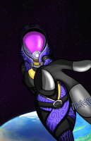 drawing giantess earth alien space color tali mask space_station hood cosmic_giantess mass_effect quarian picjusbro talyth1 breasts thighs belt stars on_finger giga looking_at_tiny