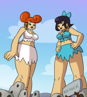 breasts drawing giantess city mega black_hair color cleavage skirt red_hair looming giantesses hair_bow necklace top hands_on_hips on_shoulder looking_at_tiny flintstones betty hair_bun bare_legs bare_midriff fred megamaliit cartoon_network wilma barney blonde green_eyes sign