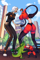 breasts drawing giantess white_hair tail city mega blonde color large_breasts butt blue_eyes crossover high_heels buildings shoes brunette brown_eyes gloves street ginormica short_hair boots muscles bus fighting giantesses pants thighs fist monsters_vs_aliens costume disney giantessfan jumpsuit uneven_growth the_incredibles susan_murphy dreamworks pixar bare_midriff helen_parr missing_link incredibles arieta_tong mask thick_thighs