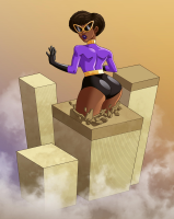 short_hair looking_behind drawing giantess city mega black_hair color butt destruction buildings glasses superhero outgrowing_building gloves mask dark_skin thighs costume debris bare_legs nikoalecsovich ms_morph