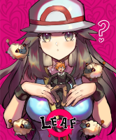 giantess breasts drawing pokemon blushing black_hair color long_hair parody shrunken_man hat orange_hair no_background armbands between_breasts leaf_(pokemon) kashmimo
