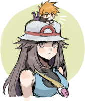 breasts drawing pokemon blushing black_hair color long_hair shrunken_man hat orange_hair no_background on_head leaf_(pokemon) kashmimo giantess
