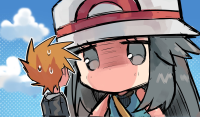 giantess drawing pokemon blushing black_hair color long_hair sweat parody shrunken_man hat orange_hair looking_at_tiny leaf_(pokemon) kashmimo