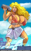 breasts drawing giantess city mega blonde color large_breasts long_hair blue_eyes handheld cleavage bra skirt buildings huge_breasts breast_expansion smiling muscles bus thighs top attack_of_the_50_foot_woman water_tower nancy_archer bare_legs makeshift_clothing bare_midriff readyart