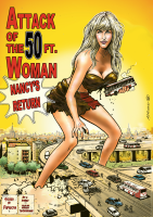 breasts drawing giantess city mega blonde color large_breasts long_hair destruction blue_eyes handheld cleavage bra skirt buildings smiling bus highway vehicles poster thighs straddling top cover_page cracked_pavement attack_of_the_50_foot_woman nancy_archer bare_legs papayoya makeshift_clothing bare_midriff