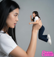 handheld asian shrunken_woman cruel breasts black_hair jeans shoes looking_at_tiny ai_art queencontrol