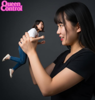 breasts black_hair jeans shoes looking_at_tiny ai_art queencontrol handheld asian shrunken_woman cruel