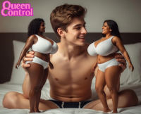 giant male panties black_hair cleavage bra huge_breasts brunette couple muscles shorts dark_skin looking_at_tiny ai_art queencontrol breasts butt handheld shrunken_woman