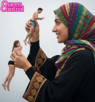 looking_at_tiny ai_art queencontrol handheld couple shrunken_woman shrunken_man cruel hijab