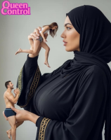 handheld couple shrunken_woman shrunken_man cruel hijab breasts looking_at_tiny ai_art queencontrol