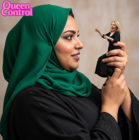 blonde looking_at_tiny ai_art queencontrol handheld shrunken_woman cruel hijab