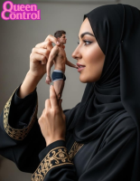 cruel looking_at_tiny ai_art queencontrol handheld domination shrunken_man hijab