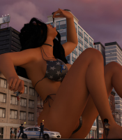bikini breasts giantess vore city mega black_hair large_breasts swimsuit handheld barefoot cleavage bra gun buildings police sitting dangle dark_skin choker running_away digital_render afro on_breasts bare_legs flag_bra bare_midriff police_officer kingoffrogs leaning_against_building