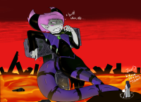 breasts drawing giantess tail city mega color destruction water buildings demon purple_hair pink_hair raven teen_titans short_hair sitting pink_eyes lava fangs thighs leaning_against_building choker costume dialogue sitting_on_building glowing_eyes thick_thighs apocalypse pointed_ears dc_comics bare_legs grey_skin titans_tower jinx orrolerito toothpick