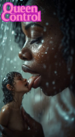 breasts giantess black_hair licking cleavage lips shrunken_woman dark_skin closed_eyes blurry ai_art tongue shower lesbians ff queencontrol
