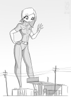 breasts drawing giantess mega monochrome smiling ginormica thighs monsters_vs_aliens waving power_lines belt jumpsuit hands_on_hips jollyjack no_background looking_at_tiny susan_murphy dreamworks gas_station