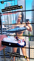 nude city mega black_hair large_breasts long_hair swimsuit barefoot buildings phone shrunken_man skyscraper standing boats cellphone selfie convenient_censorship solo_focus sael giantess