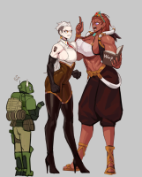 breasts large_breasts high_heels red_eyes smiling gloves red_hair short_hair boots hand muscles shrunken_woman standing dark_skin black_gloves jewelry thigh_highs earrings looking_at_viewer pointing bare_shoulders bangs high_heel_boots grey_background armlet multiple_girls muscular_female full_body height_difference covered_navel podobrick giantess