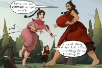 giantess sokka katara breasts feet black_hair long_hair barefoot dress shrunken_man english dirty_soles avatar braid multiple_girls 1girl 2girls 1boy twin_braids last_airbender