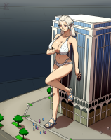 bikini breasts white_hair city large_breasts long_hair swimsuit cleavage red_eyes huge_breasts smiling short_hair sandals navel standing jewelry tinies looking_at_viewer solo ydbunny 1girl collarbone polka_dot polka_dot_bikini full_body giantess