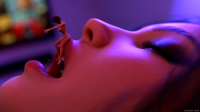 giantess vore multiple_sizes lips shrunken_woman shrunken_man holding red_nails nail_polish fingernails red_lipstick digital_render realistic fourthfret 1girl depth_of_field freefall about_to_be_eaten