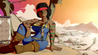 breasts black_hair large_breasts cleavage gun lips short_hair boots sitting shrunken_woman overalls pants dark_skin sky tattoo closed_eyes headband bare_shoulders ydbunny medium_breasts 1girl dead_bodies giantess