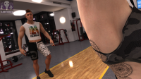 growth exercise lifting gym muscle_growth muscular_female shorts standing dark_skin indoors tattoo digital_render black_shorts sportswear arm_tattoo 1girl 1boy male_focus animal_print leg_tattoo clothes_writing eldritchgts