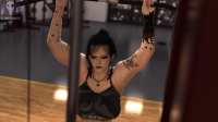 growth exercise lifting gym muscle_growth muscular_female breasts black_hair brunette jewelry tattoo necklace blurry leopard_print digital_render solo arm_tattoo 1girl 1boy photorealistic blurry_background eldritchgts