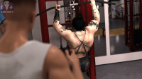 black_hair sword holding tattoo blurry armlet motion_blur arm_tattoo 1girl depth_of_field blurry_foreground 1boy photorealistic blurry_background eldritchgts back_tattoo growth exercise lifting uneven_growth gym muscle_growth muscular_female
