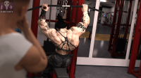 growth exercise lifting uneven_growth gym muscle_growth muscular_female nude black_hair barefoot underwear sitting muscles abs back shirtless tattoo digital_render motion_blur 1girl depth_of_field blurry_foreground 1boy male_focus eldritchgts