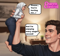 handheld hijab queencontrol breasts black_hair giant male toes barefoot jeans lips nose pants english hoodie denim crossed_arms hood shirt_lift meme thick_eyebrows ai_art medium_breasts 1girl 1boy self_fondle