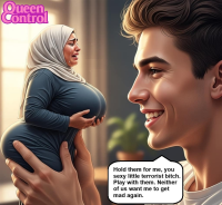breasts black_hair butt giant male lips open_mouth nose english hoodie hood beard realistic ai_art 1girl 1boy hetero 2boys handheld shrunken_woman hijab queencontrol